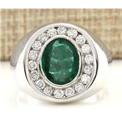 MENS 3.82 CTW Natural Emerald And Diamond Ring In 18K White Gold
