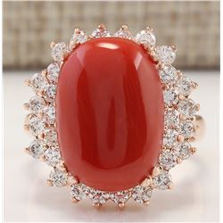9.53 CTW Natural Coral And Diamond Ring In 18K Rose Gold