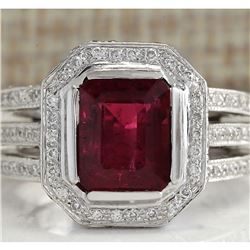 3.86 CTW Natural Red Rubelite And Diamond Ring 14K Solid White Gold