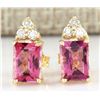 Image 1 : 2.65 CTW Natural Pink Tourmaline And Diamond Earrings 18K Solid Yellow Gold