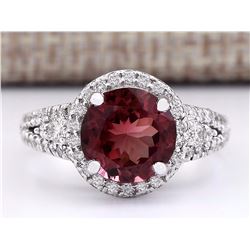3.60 CTW Natural Burgundy Tourmaline And Diamond Ring 18K White Gold
