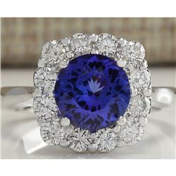 3.60 CTW Natural Blue Tanzanite And Diamond Ring 18K Solid White Gold