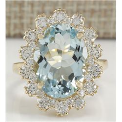 7.11 CTW Natural Aquamarine And Diamond Ring In 14K Solid Yellow Gold