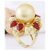 Image 4 : 15.15 mm Gold South Sea Pearl, Ruby 14K Solid Yellow Gold Diamond Ring