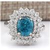 Image 1 : 6.24 CTW Natural Blue Zircon And Diamond Ring 18K Solid White Gold