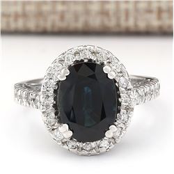 5.28 CTW Natural Blue Sapphire And Diamond Ring In 18K White Gold