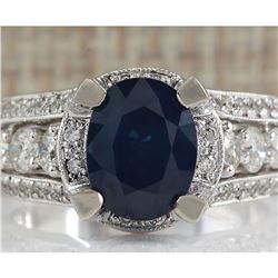 4.45 CTW Natural Blue Sapphire And Diamond Ring In 18K White Gold