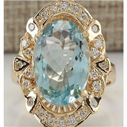 6.43 CTW Natural Blue Aquamarine And Diamond Ring 18K Solid Yellow Gold