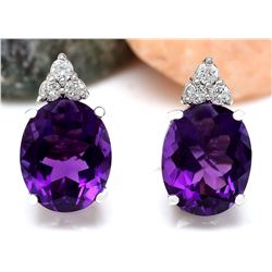 6.02 CTW Natural Amethyst 18K Solid White Gold Diamond Stud Earrings