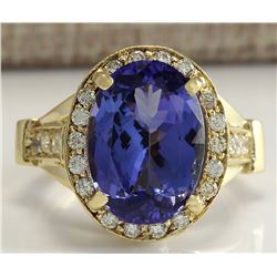 8.94 CTW Natural Blue Tanzanite And Diamond Ring 18K Solid Yellow Gold