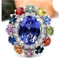 10.76 CTW Natural Tanzanite, Sapphire 18K Solid White Gold Diamond Ring