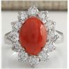 Image 1 : 4.81 CTW Natural Red Coral And Diamond Ring In 14K White Gold