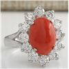 Image 2 : 4.81 CTW Natural Red Coral And Diamond Ring In 14K White Gold