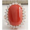 Image 1 : 10.18 CTW Natural Red Coral And Diamond Ring 14K Solid Rose Gold