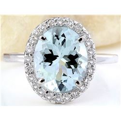 3.55 CTW Natural Aquamarine 18K Solid White Gold Diamond Ring