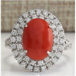 3.15 CTW Natural Red Coral And Diamond Ring In 18K White Gold