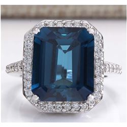 10.73CTW Natural London Blue Topaz And Diamond Ring In 18K White Gold