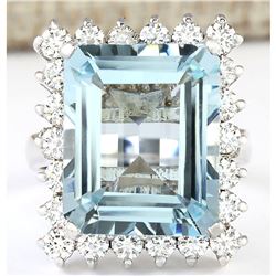 12.71 CTW Natural Aquamarine And Diamond Ring In 14K Solid White Gold