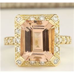 6.03 CTW Natural Morganite And Diamond Ring In 18K Solid Yellow Gold