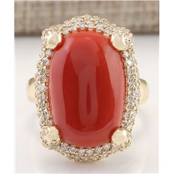 12.69 CTW Natural Coral And Diamond Ring In 18K Yellow Gold