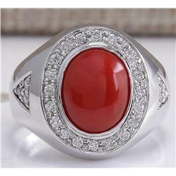 3.50 CTW Natural Red Coral And Diamond Ring 14K Solid White Gold