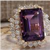 Image 2 : 7.53CTW Natural Amethyst And Diamond Ring In 14K Solid Yellow Gold