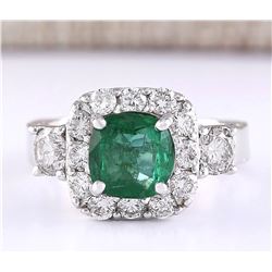 3.46 CTW Natural Emerald And Diamond Ring In 18K White Gold