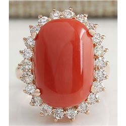 10.18 CTW Natural Red Coral And Diamond Ring 18K Solid Rose Gold