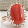 Image 2 : 10.18 CTW Natural Red Coral And Diamond Ring 18K Solid Rose Gold