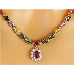 37.90 CTW Natural Sapphire 14K Solid White Gold Diamond Necklace