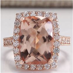 7.12 CTW Natural Peach Morganite And Diamond Ring In 14K Solid Rose Gold