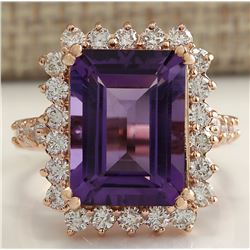 8.07 CTW Natural Amethyst And Diamond Ring In 18K Solid Rose Gold