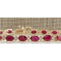 14.56CTW Natural Red Ruby And Diamond Bracelet In 18K Yellow Gold