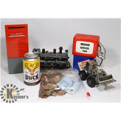 A LOT OF 5 PIGGY BANKS TRAIN TRACTOR LOADER