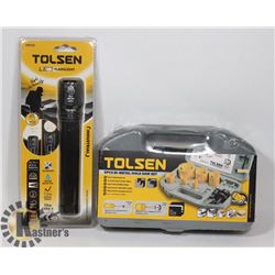 NEW 9 PC BI-METAL HOLE SAW SET W/LED FLASHLIGHT.