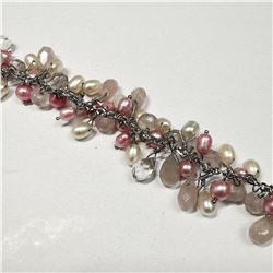 SILVER FRESH WATER PEARL ROSE QUARTZ  BRACELET