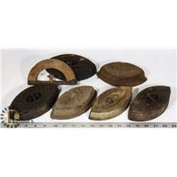 BOX OF ANTIQUE SAD IRONS WITH HANDLE