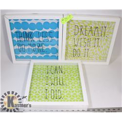 THREE FRAMED 12X12 PICTURES WITH SAYINGS-