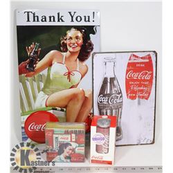 COKE ADVERTISING SIGNS , COASTERS , XMAS ORNAMENT