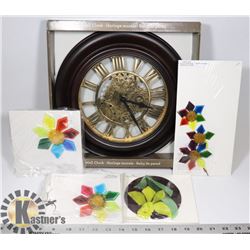 4 FUSED GLASS WINDOW HANGERS AND WALL CLOCK