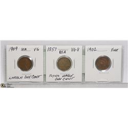 LOT OF 3-1909 LINCOLN,1857 FLYING EAGLE,1902 CENTS