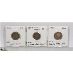 STRIP OF 3 -1860-1873-1905 USA INDIAN HEAD CENTS