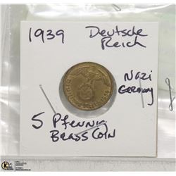 1939 DEUTSCHE REICH 5 PFENNIG BRASS NAZI COIN