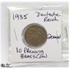 Image 1 : 1935 DEUTSCHE REICH 10 PFENNIG BRASS NAZI COIN