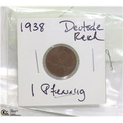 1938 DEUTSCHE REICH 1 PFENNIG COPPER NAZI COIN
