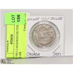 ONE 1951 CANADIAN SILVER HALF DOLLAR