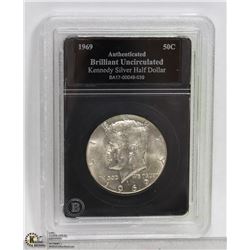 1969 B.U. ENCASED KENNEDY SILVER 1/2 DOLLAR