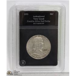 1953 FRANKLIN SILVER 1/2 DOLLAR, ENCASED & GRADED