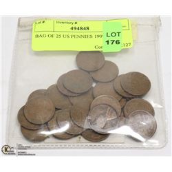 BAG OF 25 US PENNIES 1909 - 1958
