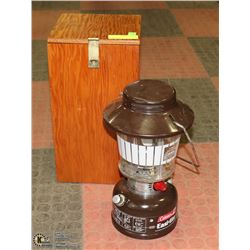 BROWN COLEMAN LANTERN WITH PYREX SHADE, 1985